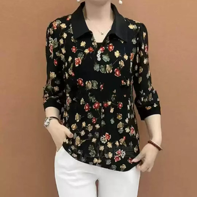 2025 new fashionable middle-aged mother's floral shirt, casual lapel, versatile, slim-fitting, printed mid-sleeve top