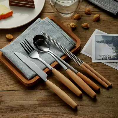 Japanese-style wooden handle knife, fork, spoon Household spoon Chinese and Western tableware chopsticks Fruit fork spoon Wooden handle tableware set