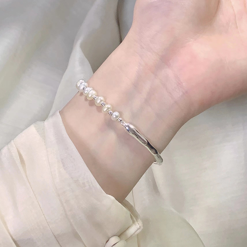 999 Sterling Silver Bracelet for Women with Natural Freshwater Pearls, Solid Half Bracelet, Valentine's Day Gift for Girlfriend or Best Friend