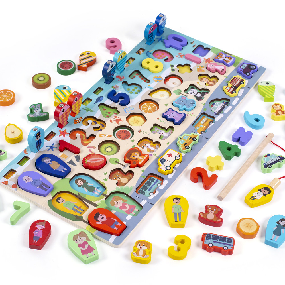 Children's multi-function logarithmic board cognition fruit animal number matching toy baby puzzle fishing 1-2 pair board 3