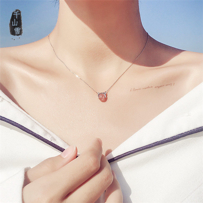 925 Sterling Silver Natural Strawberry Crystal Necklace Female Cat Clavicle Chain Korean Version Simple Student Mori Department Small Fresh and Cute