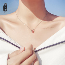 925 pure silver natural strawberry crystal necklace female kitty lock bone chain Korean version of the student Mori department little fresh and cute