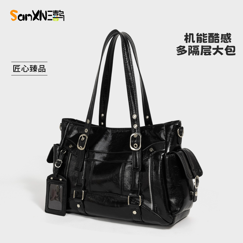 Sanxianiao Commuting Retro Motorcycle Bag Black Tote Bag Women's Large Capacity Handbag Oil Wax Leather Shoulder Crossbody Bag