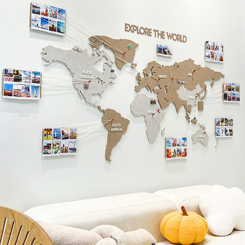 Map Wall Stickers Background Wall Decoration Painting Modern Simple Three-Dimensional Travel Photo Wall No-Punch Self-Adhesive Felt Map