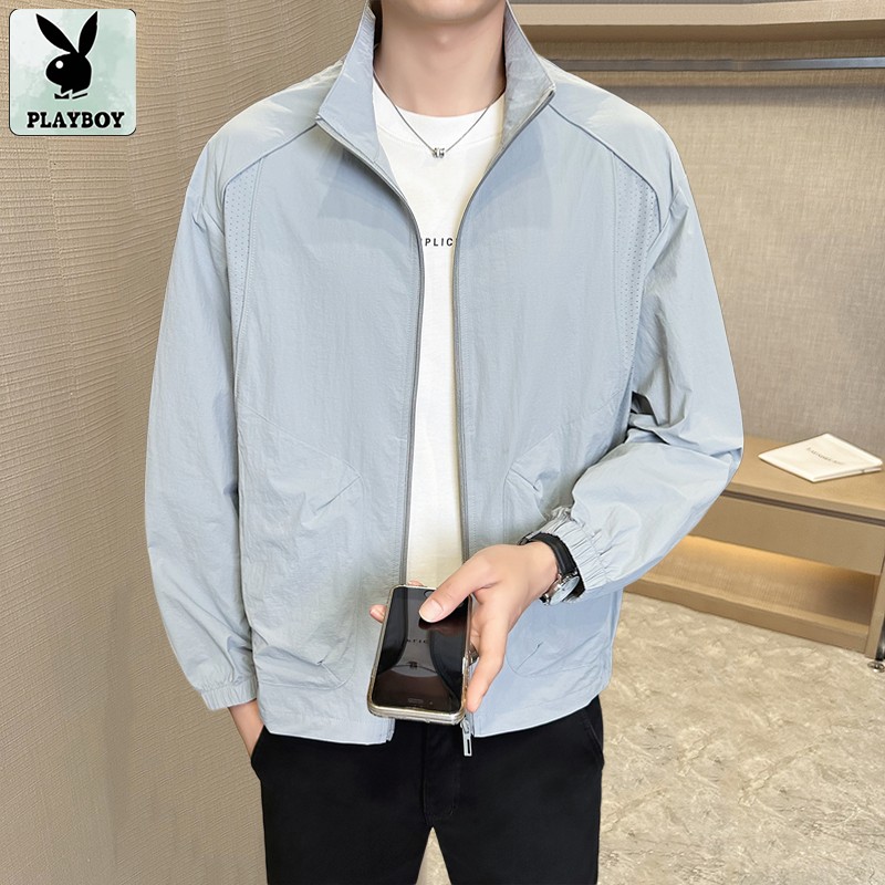 Playboy Lightweight Breathable Sun Protection Clothing Solid Color Stand-Up Collar Jacket Fashionable Men's Top Stylish Sun Protection Jacket for Men