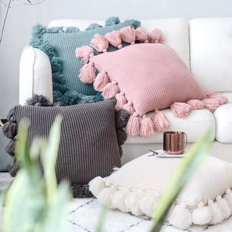 Nordic Princess Wind Lamp Ball Pillow All cotton knitted pure color stream Su - side cushion sofa decorated pillow