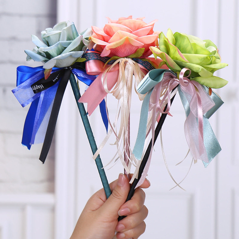 Creative Stationery Supplies Emulation Rose Flowers Advertising Pen Butterfly Knot Silk with ball pen Long Pole Wedding signing pen