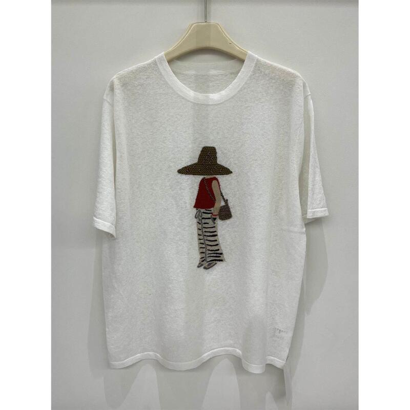 High-End Quality Korean-Style Embroidered Cartoon Pattern Cotton T-Shirt Top Loose Round Neck Short-Sleeved Linen Knitwear for Women