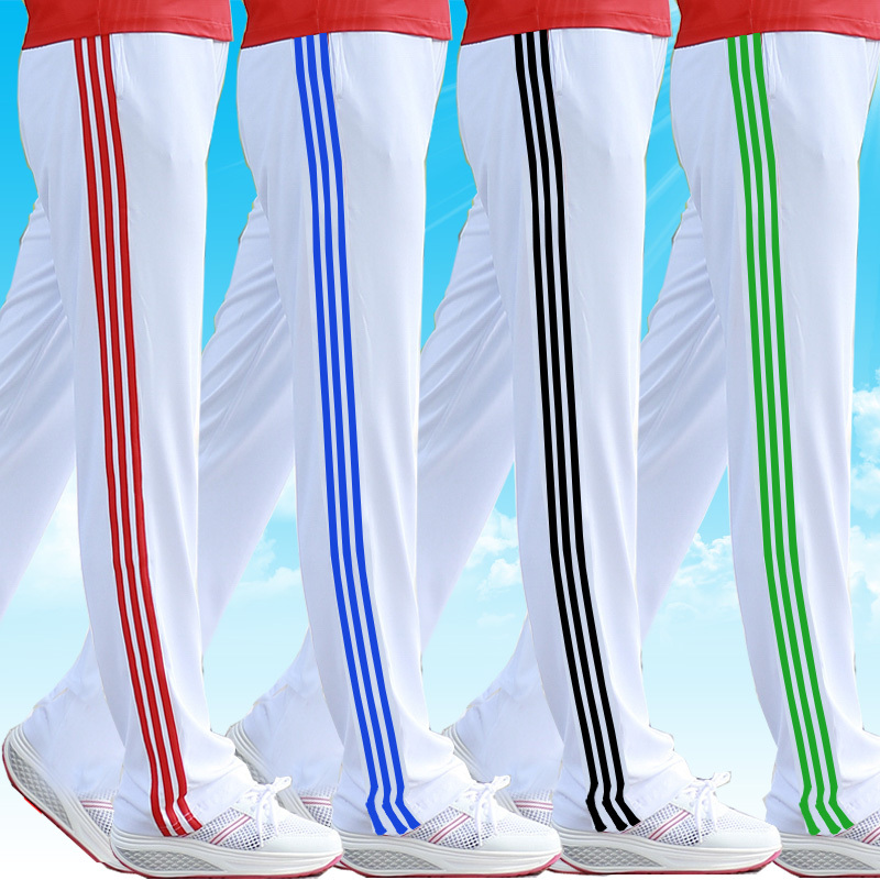 South Korean Silk Spring, Autumn and Summer White Sports Pants for Men and Women, High-Waisted Pants, Gymnastics, Square Dance, Aerobics, Quick-Drying School Pants