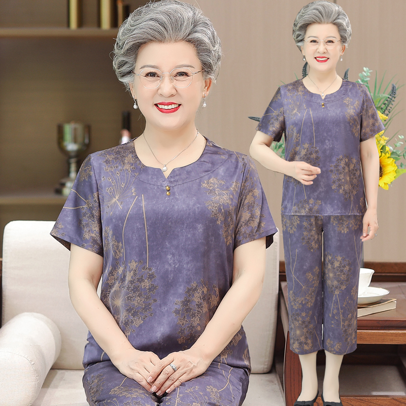 Grandma's Summer Short-Sleeved Suit for 60-70 Year Old Middle-Aged and Elderly Women, Mother's Half-Sleeved T-Shirt Two-Piece Set, Old Lady's Clothing