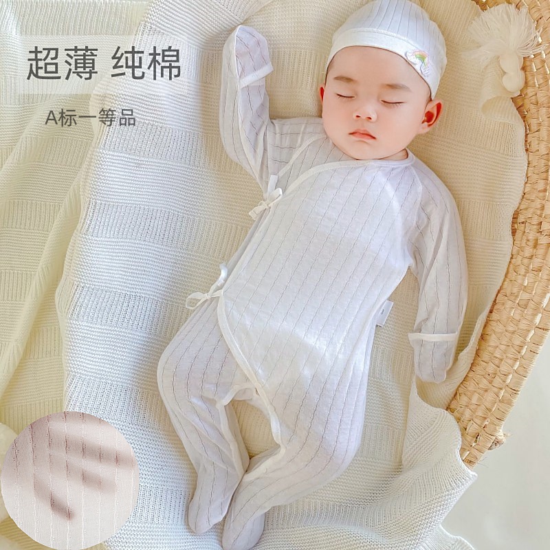 Newborn Baby Clothes, Thin Summer Wear, 0-4 Months, 3-Piece Baby Romper with Tie, Pure Cotton Footed Jumpsuit