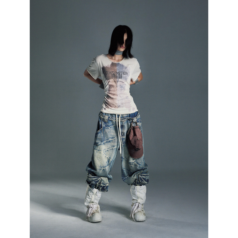 Emobrother* Lightning Texture Washed Vintage Drawstring Jeans with Double-Layer Waistband and Multiple Pockets Workwear Pants