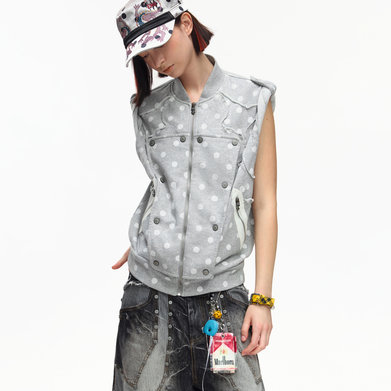 Emobrother* Retro Polka Dot Gray Stand-Up Collar Vest Jacket with Zipper Pockets, Sweatshirt Fabric Layered Vest Emobrother* Retro Polka Dot Gray Stand-Up Collar Vest Jacket with Zipper Pockets, Sweatshirt Fabric Layered Vest