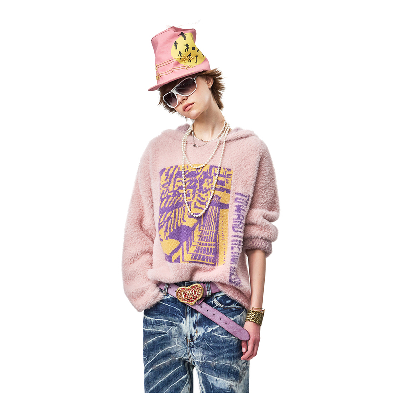 Emobrother* Contrast Color Jacquard Imitation Mink Long Wool Knit Sweater Pink Hooded Sweatshirt 2026 Autumn/Winter