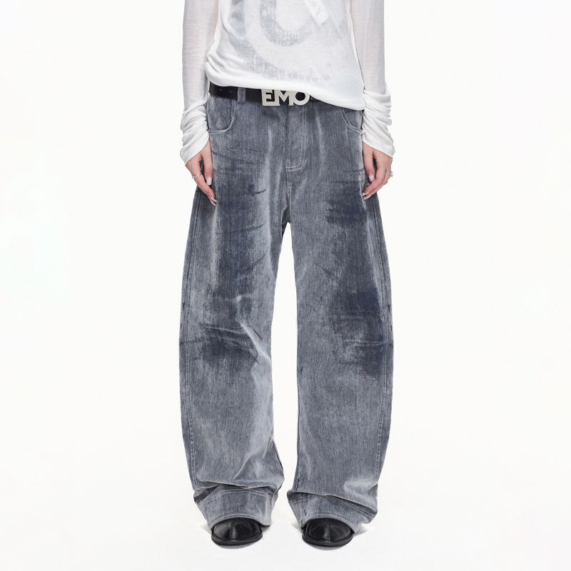 Emobrother* Segmented Structure Laser Washed Faded Scimitar Jeans Embroidered Flocking Wide-Leg Pants