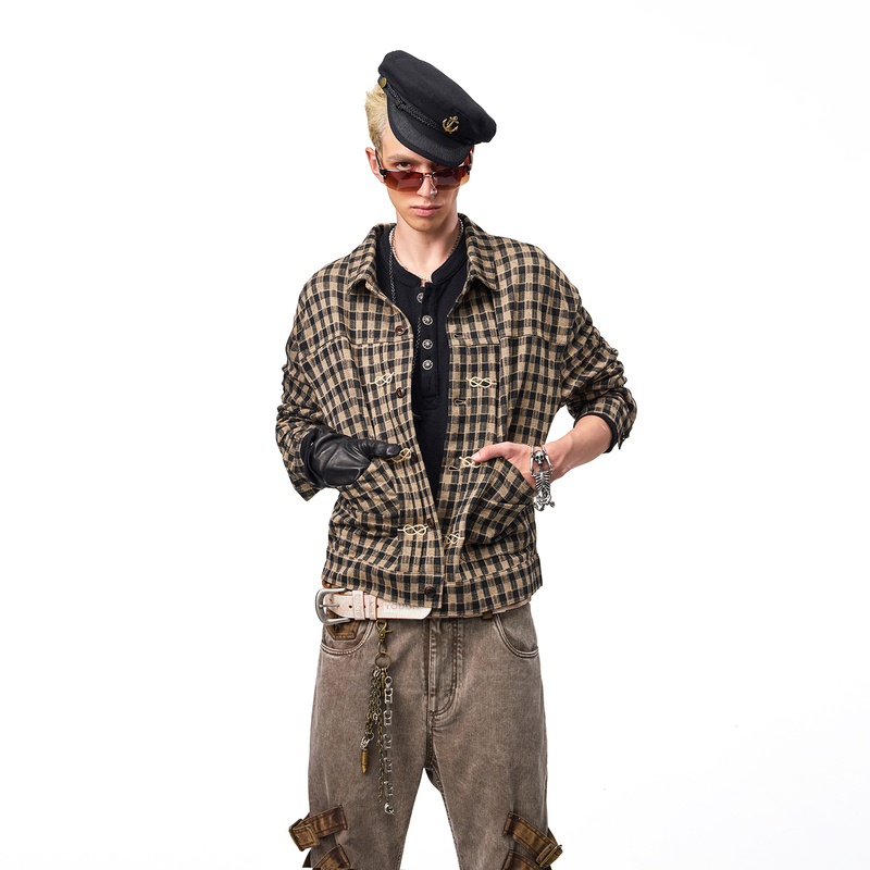Emobrother* Retro Plaid Knitted Imitation Denim Type2 Style Embroidered Plaid Shirt Jacket