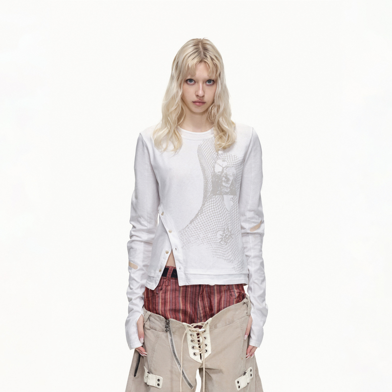 Emobrother* “Visual Director” Skinny Texture Faux Two-Piece Layered Long-Sleeve T-Shirt, Gender-Neutral Versatile Top