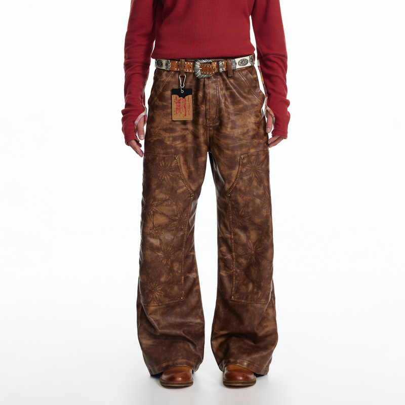 Emobrother* Retro Octagonal Star Embroidered Rivet Waterproof Leather Pants with Distressed Brown Casual Trousers