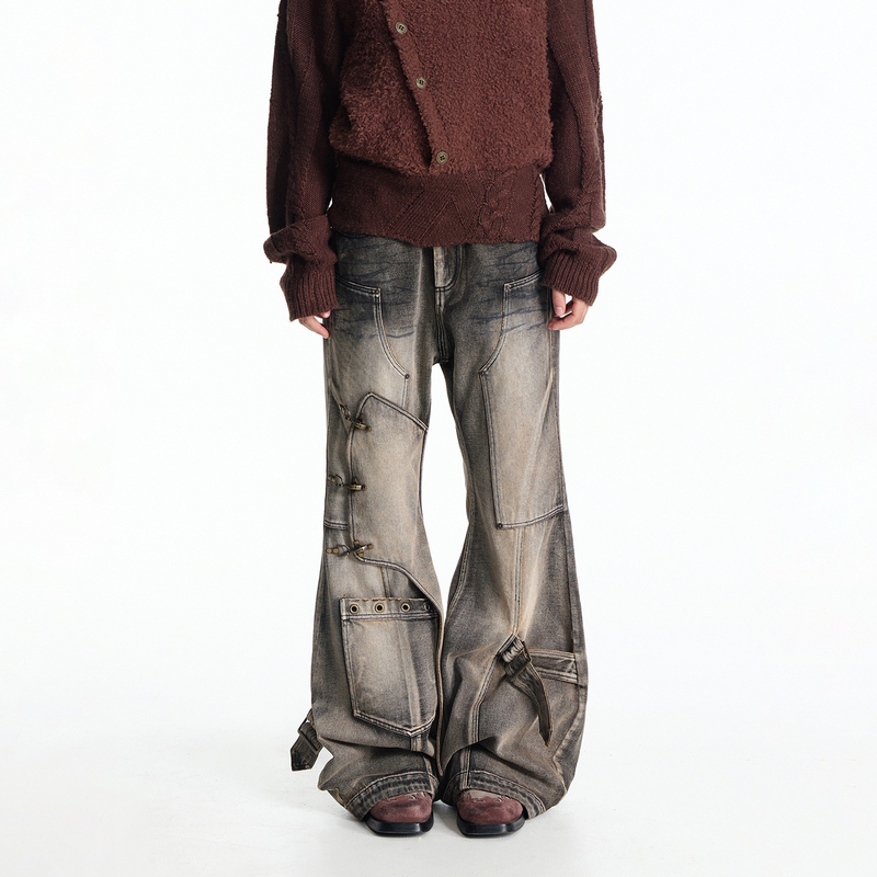 Emobrother* Retro Rhinestone Airplane Buckle Patchwork Deconstructed Flared Jeans with Whiskered Wash and Slim Fit