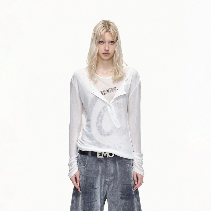 Emobrother* “Public Opinion Whirlpool” Fake Two-Piece Layered Blouse Long-Sleeve T-Shirt Retro Versatile Base Layer Top