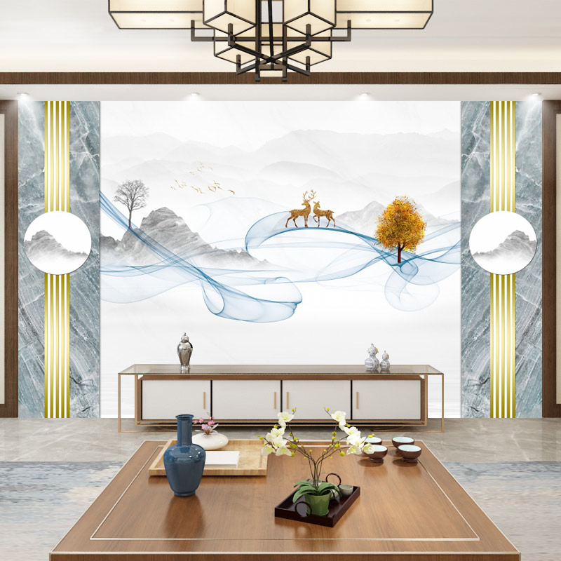 New wood and wood fibre board TV Living room Background integrated wall panel Water ink landscape Line light and luxurious decorative wall panel 