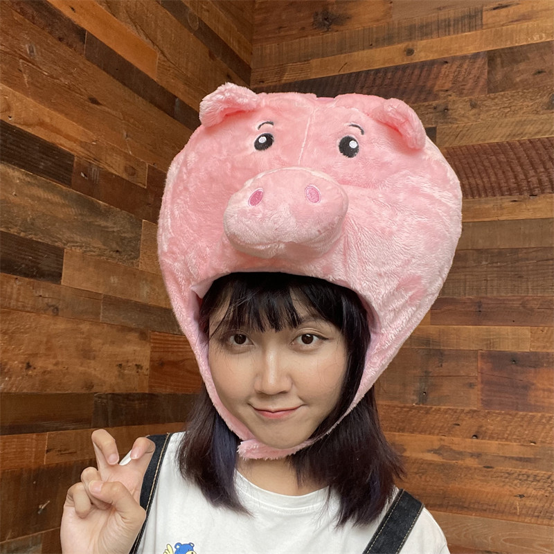 Teenage Girl Hearts Cute Cartoon Soft Cute Pink Pig Headgear Animal Pig Head Plush Hat Headgear Photo Props