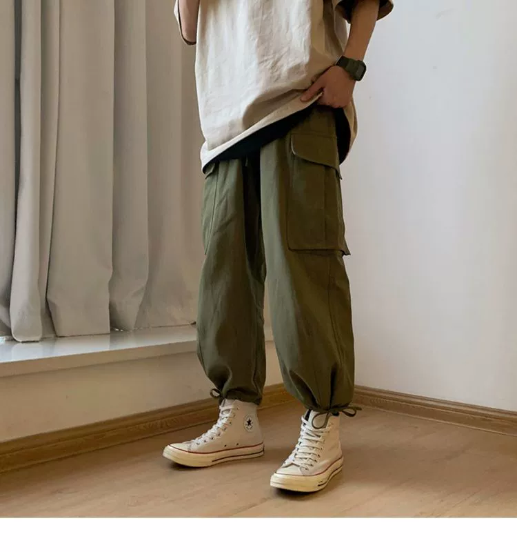 Nhiều túi Nhật Bản thả quần yếm nam thẳng dây rút quần dây rút quần thủy triều thương hiệu quần hoang dã phong cách Hồng Kông - Quần làm việc