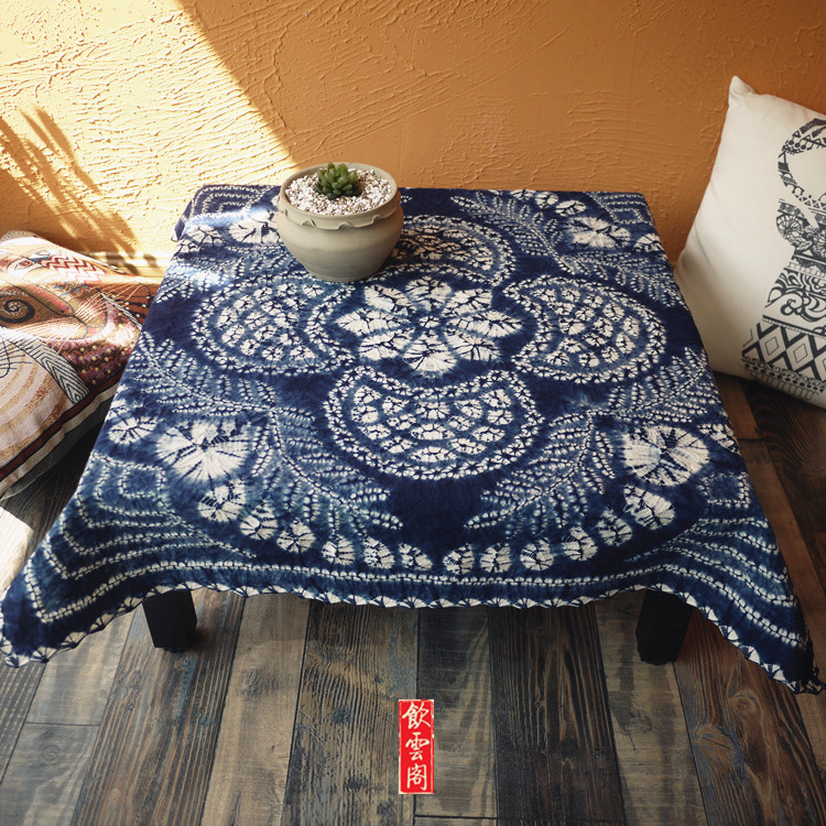 Yunnan Zdyeing Cloth Grass Wood Blue Dye Pure Cotton Small Square Table Round Table Cloth Tourist Souvenir Decoration Hanging Cloth 85cm Positive Square