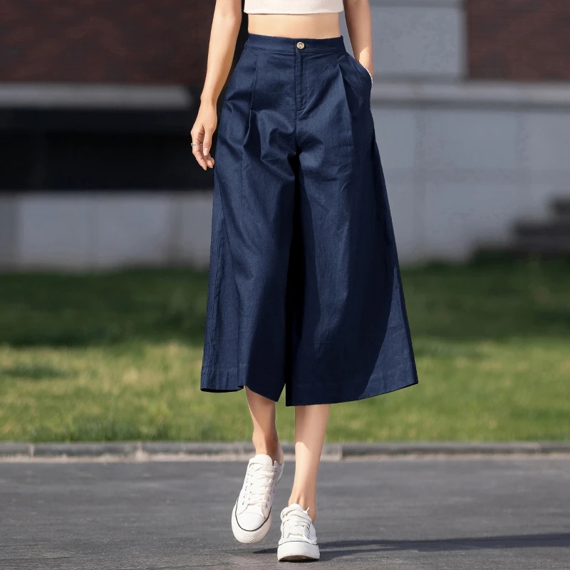 Navy Blue Chenille Wide-Leg Pants, Summer Thin Cropped Straight-Leg Pants, Elastic Waist Skirt, Eight-Point Pants, Versatile Summer Women's Pants Navy Blue Chenille Wide-Leg Pants, Summer Thin Cropped Straight-Leg Pants, Elastic Waist Skirt, Eight-Point Pants, Versatile Summer Women's Pants