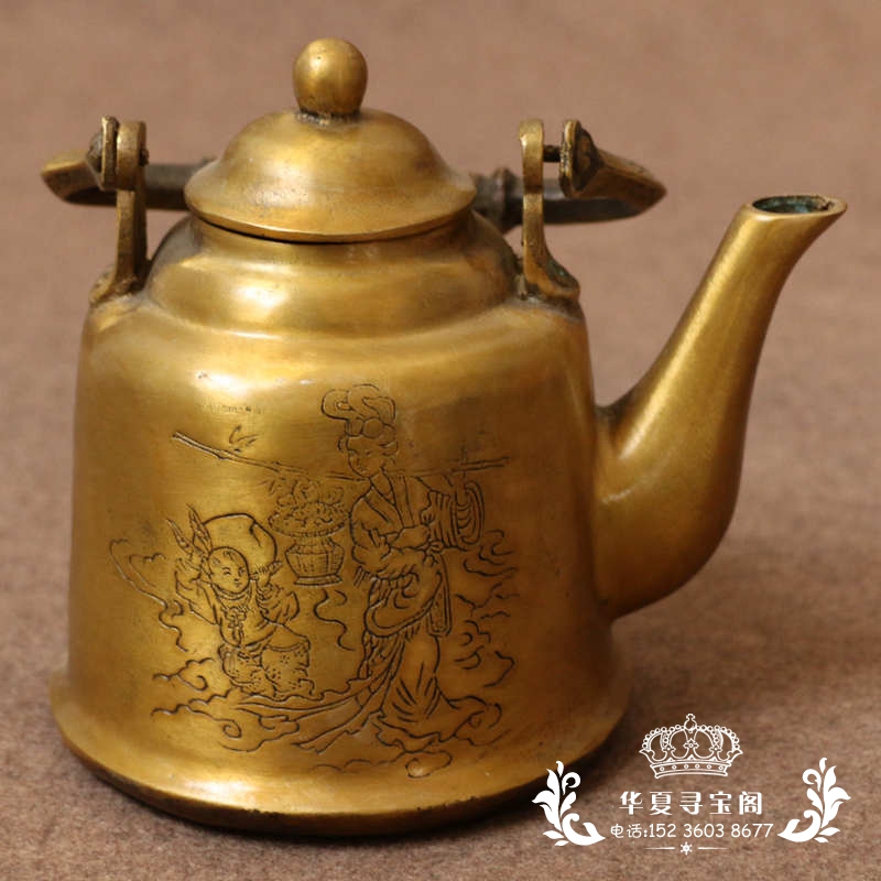 New pure copper lifting beam copper pot bogu rack display of old objects of the Republic of China characters boy teapot brass beauty wine pot