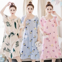 Korean version of nightdress women Summer thin short sleeve cartoon silk pajamas artificial cotton cotton silk home wear dress size