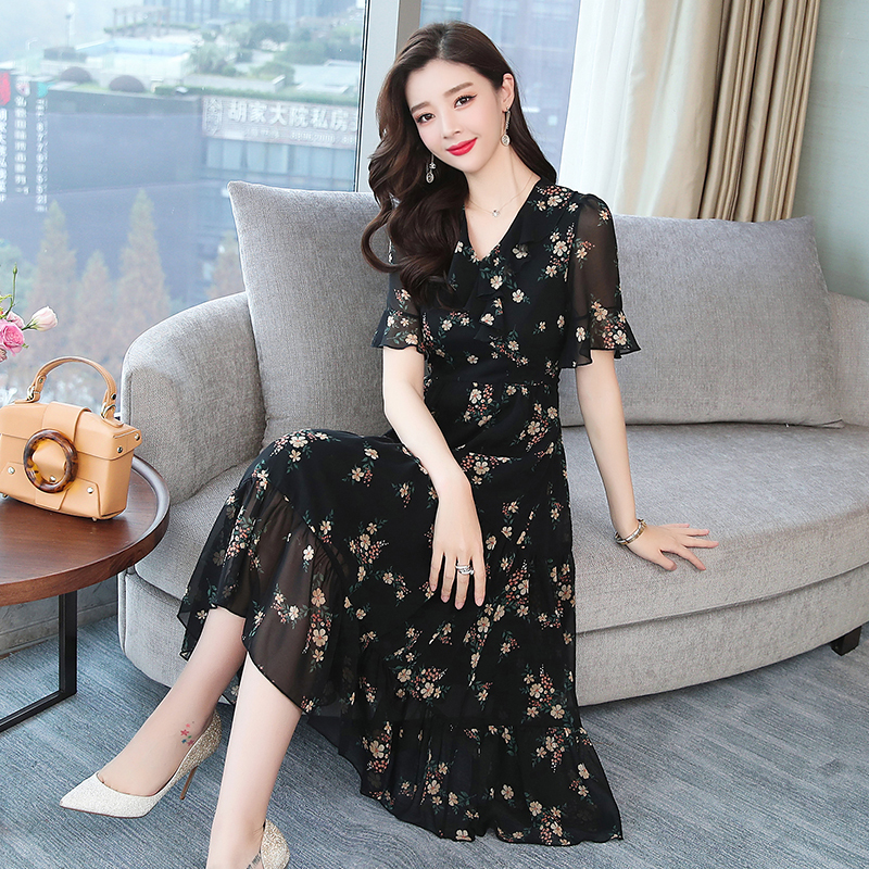 Chiffon Dress for Women 2024 New Spring and Summer Slim Fit Elegant Mother's Dress to Cover Belly Floral Long Dress