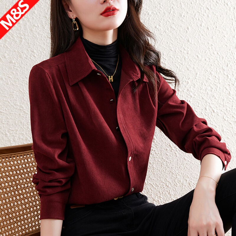 Vintage Brushed Shirt for Women, Long-Sleeved Burgundy Shirt, 2026 Autumn Commuter Style, Winter Layering Base Shirt, Trendy Vintage Brushed Shirt for Women, Long-Sleeved Burgundy Shirt, 2026 Autumn Commuter Style, Winter Layering Base Shirt, Trendy