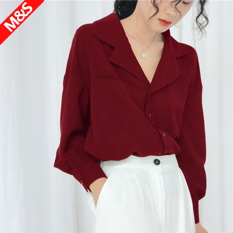 Red Chiffon Shirt for Women, Loose Fit, Suit Collar Design, Unique Long-Sleeve Shirt, Professional Ol Burgundy Top for Women
