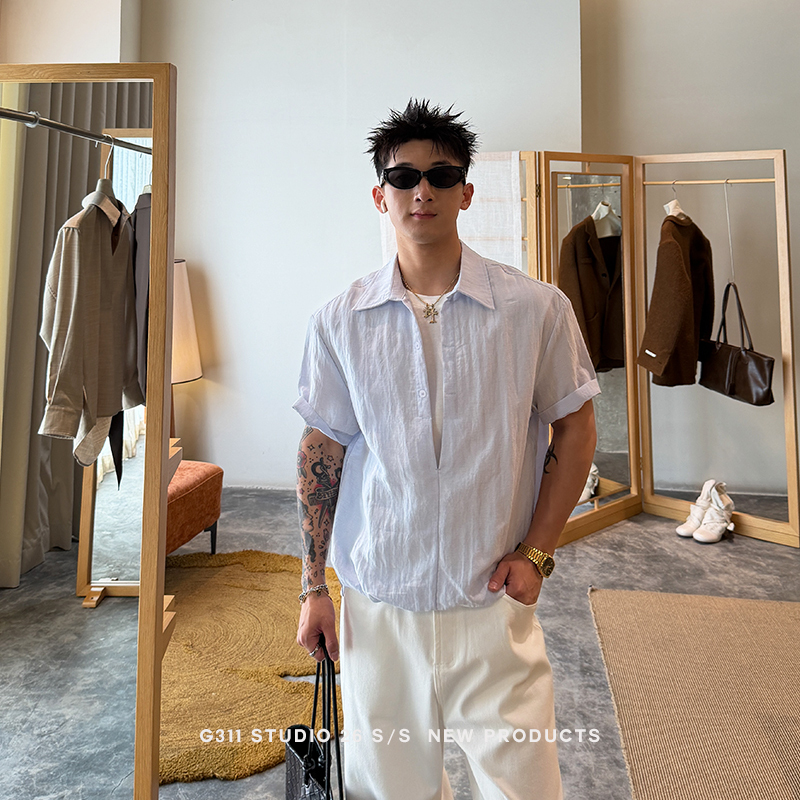 G311Studio: Tencel Linen Faux Two-Piece Pullover Short-Sleeve Shirt for Men, Half-Open Collar, Niche High-End Shirt