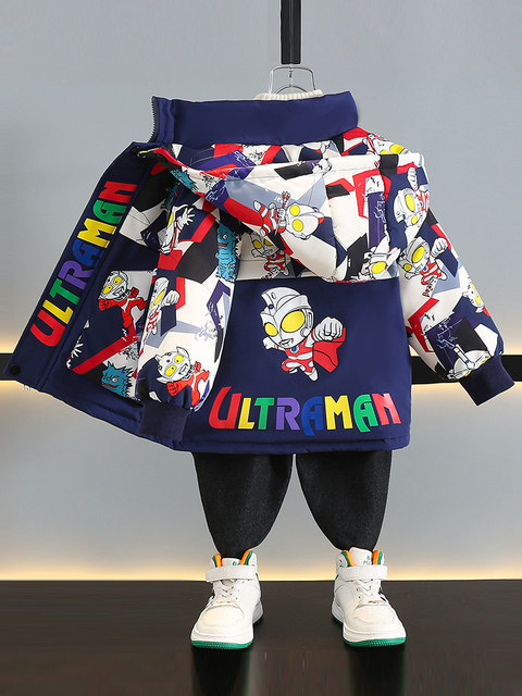 Ultraman down Jacket for Boys, Winter 2025 New Model, Light-Up White Duck down Children's Winter Clothing, Baby Warm Coat, Trendy