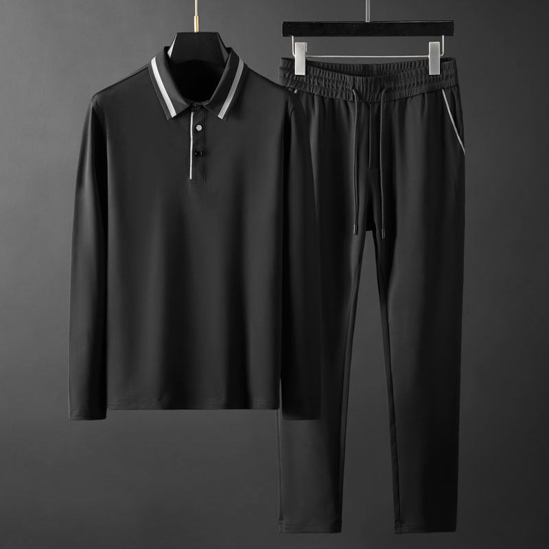 Fall New Sports Casual Suit Men's Silk Slip Elastic Press Gel Turnover BODY FASHION LONG SLEEVE THICK COTTON T Two set