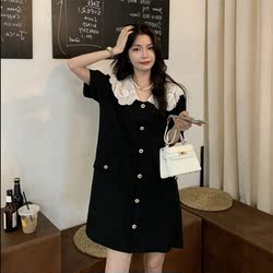 ສາວໄຂມັນບວກຂະຫນາດ 2-300 ປອນ lace doll collar Hepburn style little black skirt summer temperament short-sleeved A-line dress for women