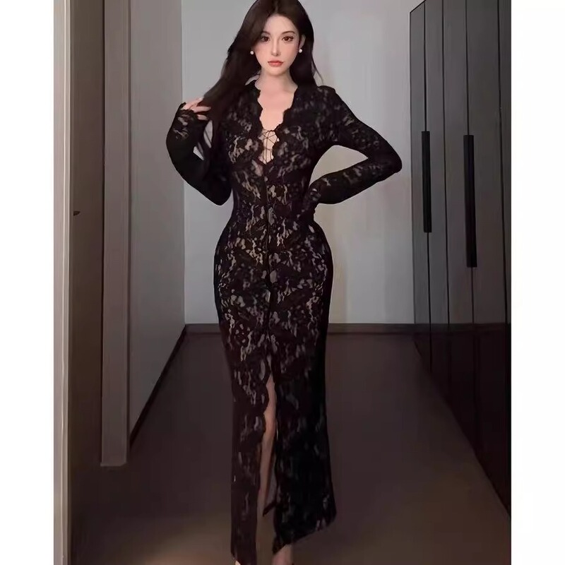 Pure Desire Style Plus Size 150kg Lace Hollow Out Long Sleeve Dress Women's Sexy Hot Girl Slim Fit Slit Long Dress