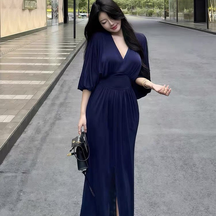 Elegant V-Neck Short-Sleeve Dress for Women, Autumn Thin Style, Waist-Cinching, Plus Size, Black, Slit, Bodycon Long Dress 150kg