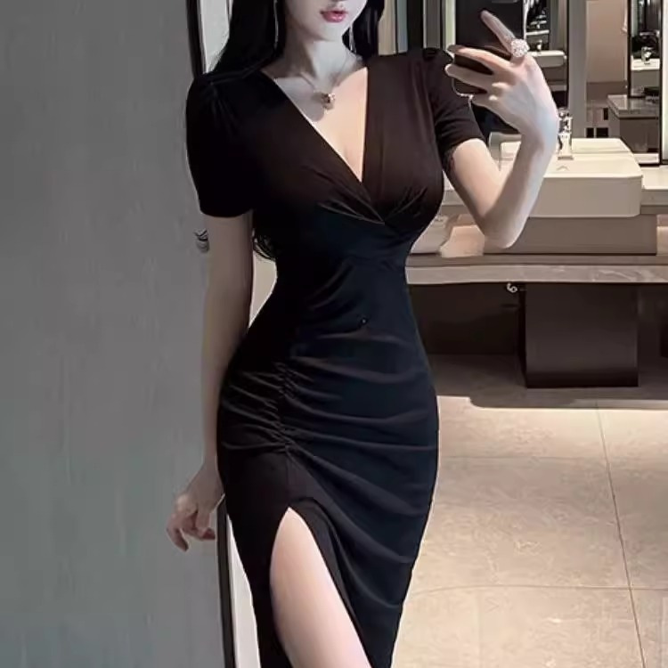 150kg Plus Size Sexy V Neck Short-Sleeved Summer Slim-Fitting Waist Slimming Mid-Length Side Slit Hip-Hugging Skirt 150kg 150kg Plus Size Sexy V Neck Short-Sleeved Summer Slim-Fitting Waist Slimming Mid-Length Side Slit Hip-Hugging Skirt 150kg
