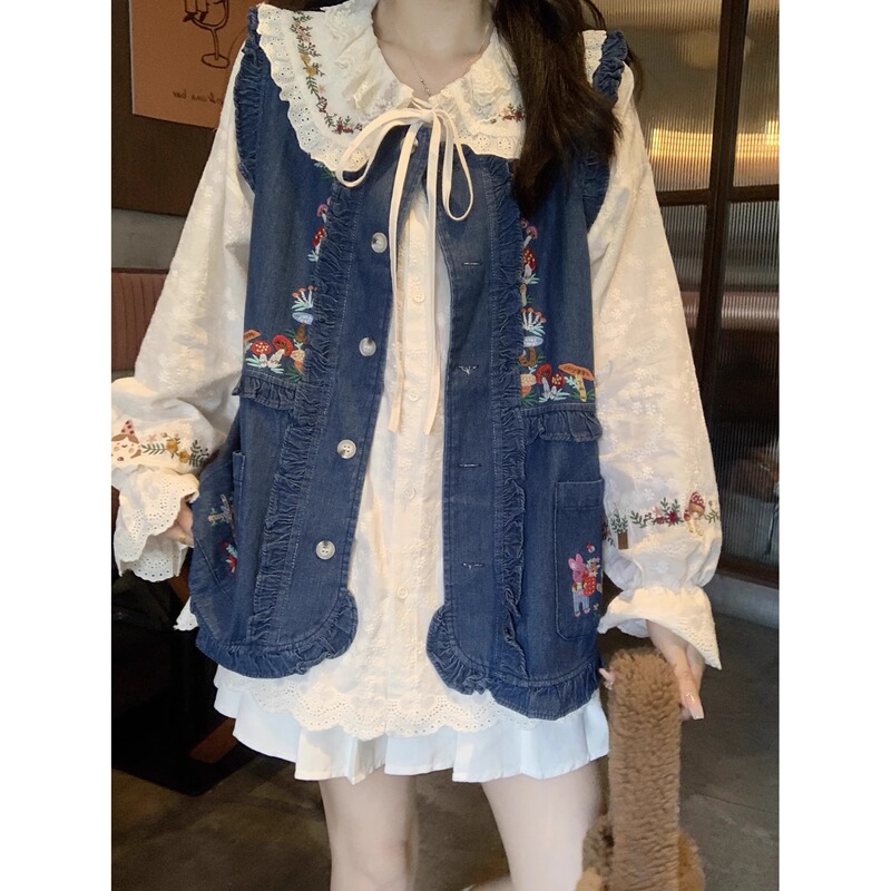 Extra Large Size Sweet Doll Collar Tie Loose Shirt for Women, Autumn Vintage Embroidered Denim Vest Layered Two-Piece Set