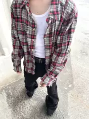 Aquadevida New Autumn Red and Black Custom Plaid Tassel Washed Distressed Pure Cotton Shirt Cleanfit