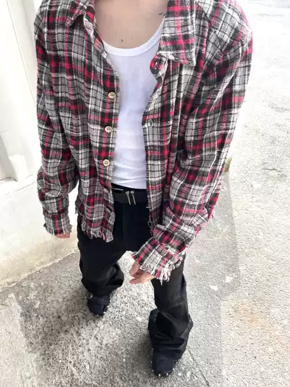 Aquadevida New Autumn Red and Black Custom Plaid Tassel Washed Distressed Pure Cotton Shirt Cleanfit