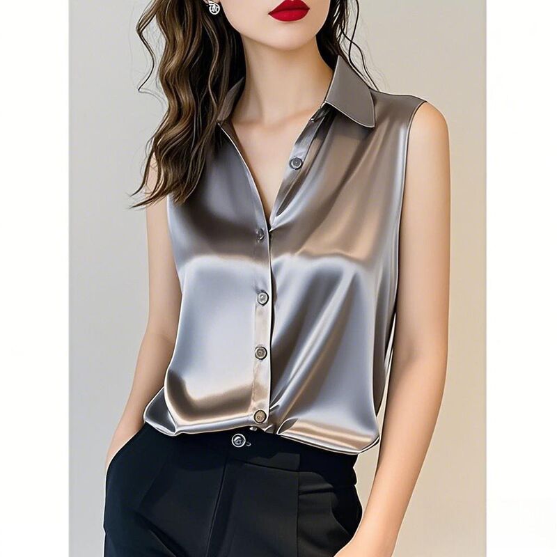 2026 Summer New High-End Gray Acetate Satin Shirt for Women, Sleeveless, Chic French Silk Professional Shirt 2026 Summer New High-End Gray Acetate Satin Shirt for Women, Sleeveless, Chic French Silk Professional Shirt