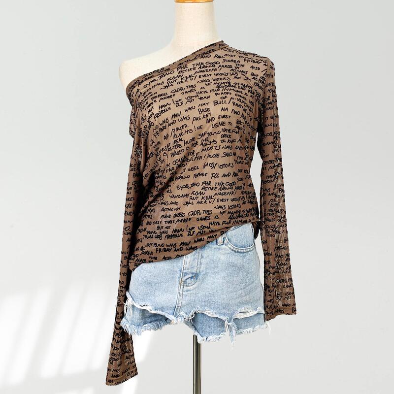 Flocked Mesh Base Layer Top for Women, Thin Letter Print Cover-Up, Sheer Hollow-Out Top, Black Long-Sleeve T-Shirt Flocked Mesh Base Layer Top for Women, Thin Letter Print Cover-Up, Sheer Hollow-Out Top, Black Long-Sleeve T-Shirt