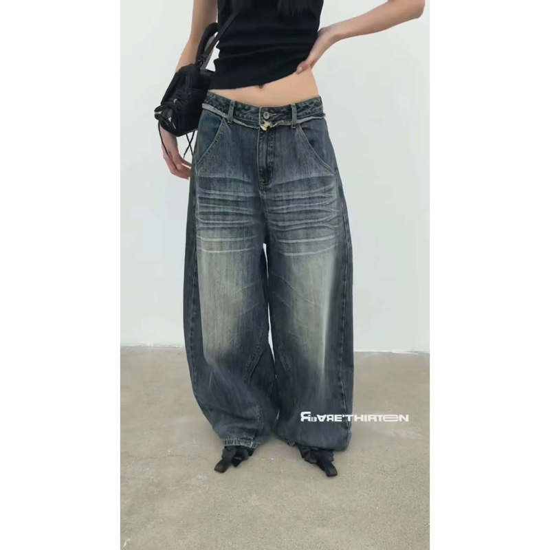 2026 Summer New Style American Retro Patchwork High-Waisted Loose Washed Vintage Wide-Leg Denim Pants for Women Trendy