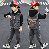 next jazz boy suit 2021 new spring autumn Korean version handsome gas denim horse chia jacket sweatshirt three sets