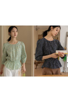 Soil stone summer soft cotton round neck puff sleeve elastic band waist small floral top two colors