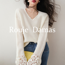 Rouje Damas method Small Crowdcuff Hollowed-out Hook Flowers V Collar Long Sleeve Knitwear Casual 100 Lap Early Spring Sweater